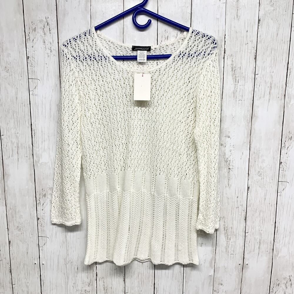 Vintage Jason Maxwell Sweater Women Medium Cream Open Knit Pullover Acrylic Boho
